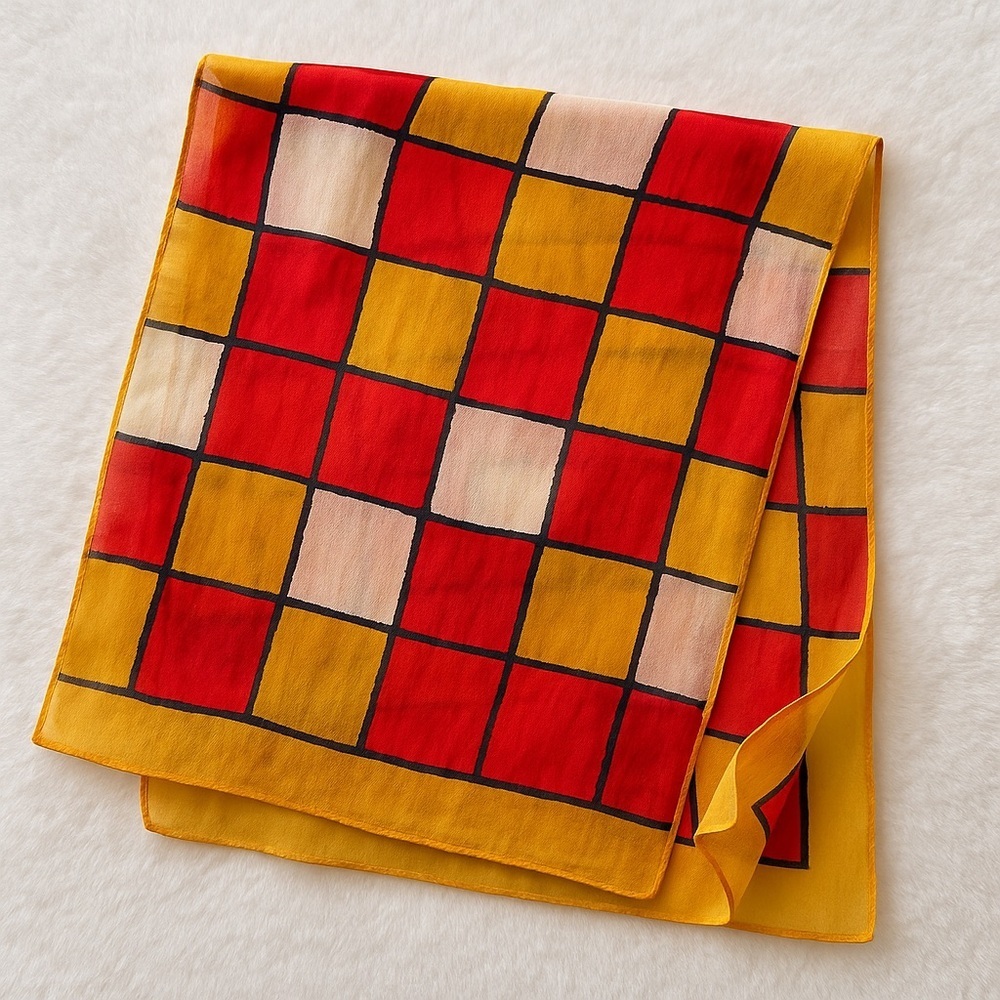 🌼 Vintage Hand-Painted Style Sheer Silk Scarf – Red, Yellow & Cream – 15” x 40”